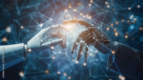 AI, Machine learning, Hands of robot and human touching big data of Global network connection, Internet and digital technology, Science and artificial intelligence digital technologies of futuristic. 