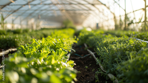 Growing plant food in greenhouses in daylight. The concept of ecology, solar energy. Greenery in the ground. The bokeh effect in the background.