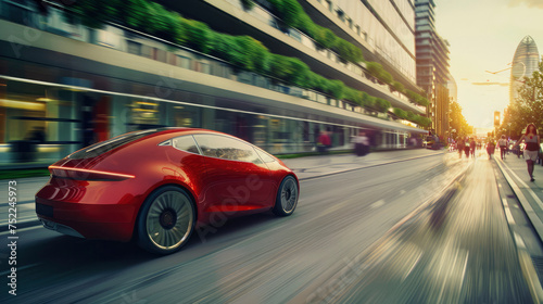 Red modern electric car drives through the streets of futuristic city with glass skyscrapers and green vegetation. City of the future, new technologies, environmentally friendly cars, transport photo