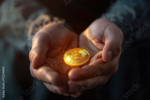 Gold Bitcoin coin with a beautiful magical glow in male hands, close-up. The concept of modern earnings on cryptocurrency, mining of electronic money, business. Dark background