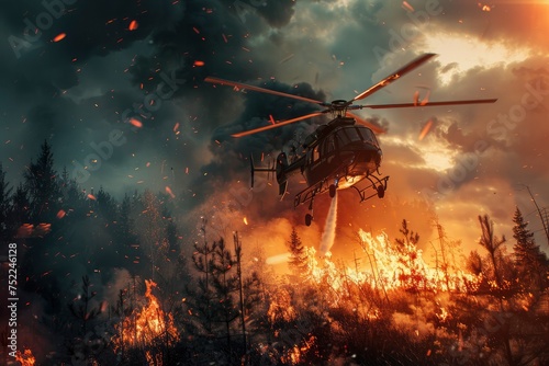A helicopter in the air extinguishes a fire in the forest. Pouring water on a fire from the air. Professional fire extinguishing in nature. Emergency situation, environmental disaster © FoxTok