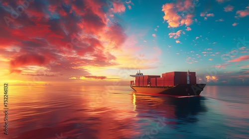Containers cargo logistics import export transport concept, Big ship in the ocean and container truck at sunset dramatic sky background with copy space, Nautical vessel and sea freight shipping
