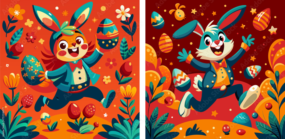 Two Easter bunny and easter eggs. Girl and boy. Spring holiday. Cute rabbits jump. Square Retro greeting cards, stickers, kids. Colorful Vector illustration. Red Two Easter bunny and easter eggs. Girl and boy. Spring holiday. Cute rabbits jump. Square Retro greeting cards, stickers, kids. Colorful Vector illustration. Red
