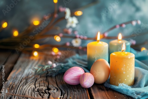 Burning candles and Easter eggs on a wooden table.