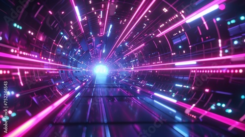 Futuristic technology abstract background with lines for network, big data, data center, server, internet, speed. Abstract neon lights into digital technology tunnel. 3D render