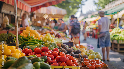A bustling scene at a farmer's market filled with colorful stalls of fresh produce, smiling vendors, and shoppers browsing for organic delights, evoking feelings of abundance and community connection.