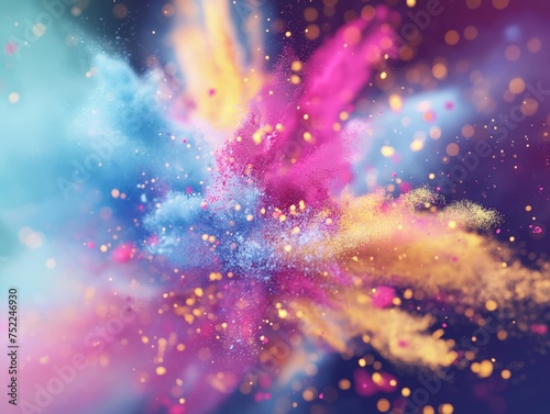 A vivid burst of pink and purple hues with particles scattered throughout  depicting a dynamic and colorful explosion.