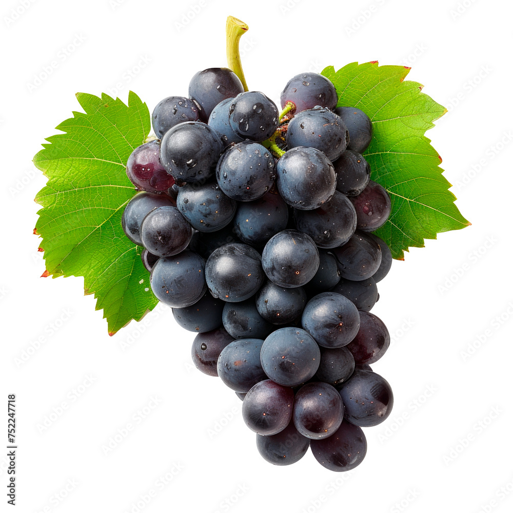 Fototapeta premium A bunch of grapes with a leaf on top Isolated on transparent background, PNG
