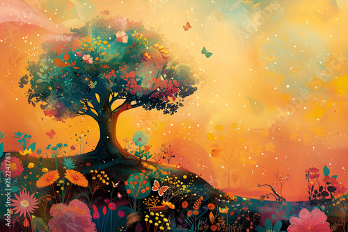 Whimsical illustration of a Dreamy floating tree, rich background, whimsical animals, flowers, and landscapes. Enchanting, nostalgic, bold colors. Folklore, memory.