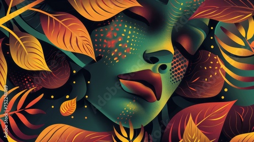 3D female portrait with leaves and flowers  with depth of layers and organic shapes  abstract colourful background