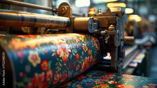 Intricate printing press machinery with colorful patterns in production photo