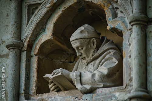 A niche with a sculpture of a Franciscan monk reading a sacred book