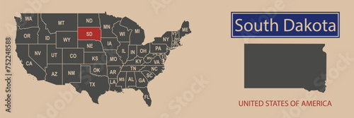 Vector map borders of the USA South Dakota state. State of South Dakota on the map of the United States of America.