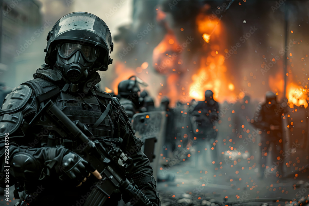 Apocalyptic scene with several riot police and fire in the background - obrazy, fototapety, plakaty 