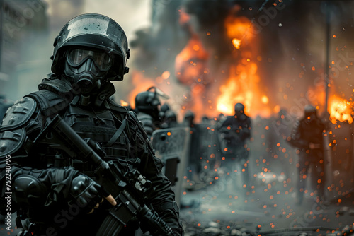 Apocalyptic scene with several riot police and fire in the background photo
