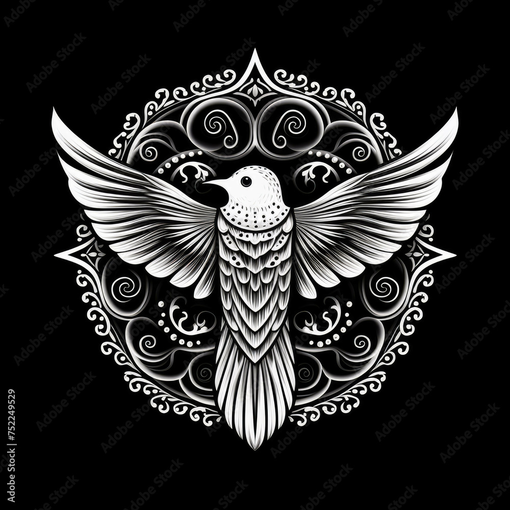Swallow Mandala Style Illustration, black and white