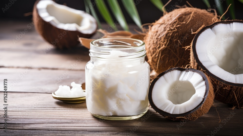Coconut palm oil in a bottle, with coconuts and green palm leaves on a brown background. Healthy food, skin care concept. Vegan food. Skin care procedures. Aromatherapy.