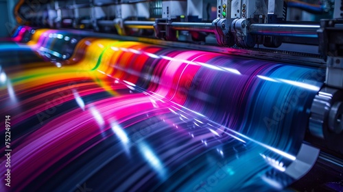 High-speed label printing, vibrant colors rolling off the press