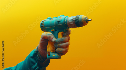 Hand Holding Electric Drill on Yellow Background