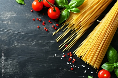 Spaghetti with vegetables on a black background