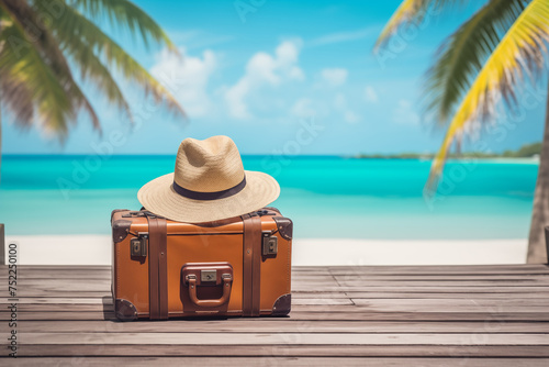 vintage suitcase, hipster hat on wooden deck. Tropical sea, beach and palm three in background © prima91