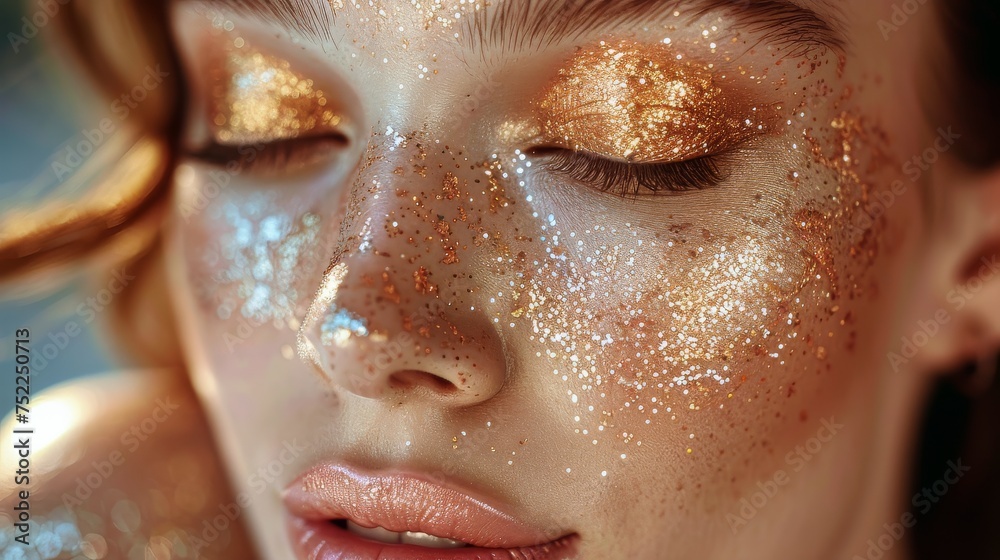 Womans Face Covered in Gold Glitter