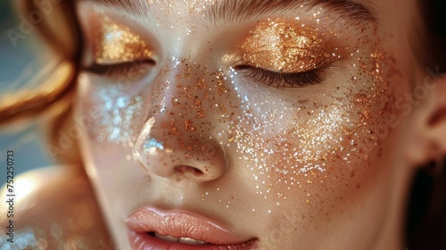 Womans Face Covered in Gold Glitter