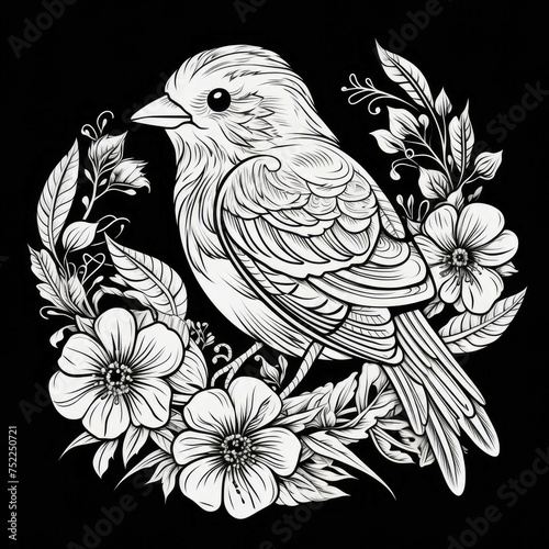 Finch Mandala Style Illustration, black and white