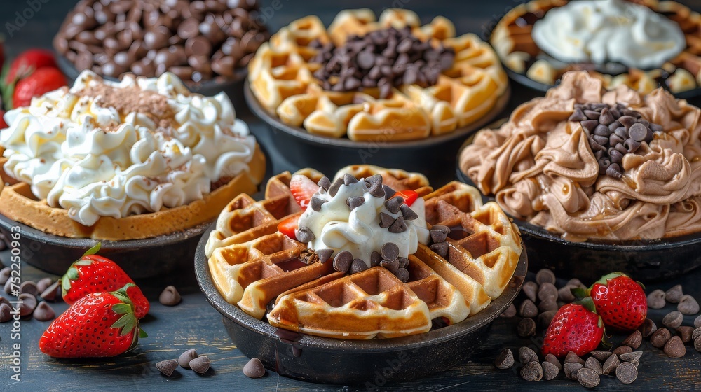 Table Topped With Waffles Covered in Chocolate Chips and Whipped Cream Table Topped With Waffles Covered in Chocolate Chips and Whipped Cream