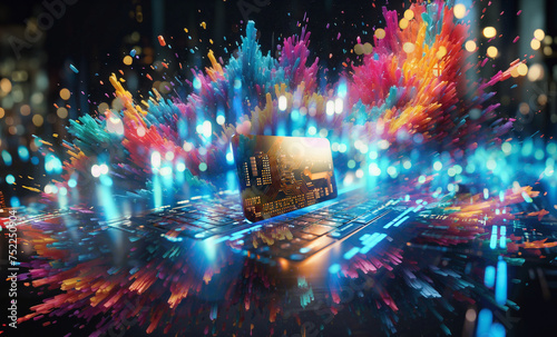 Digital banking, internet payment, online shopping, financial technology concept. Woman using mobile phone and credit card paying via mobile banking app for online shopping with technology icons