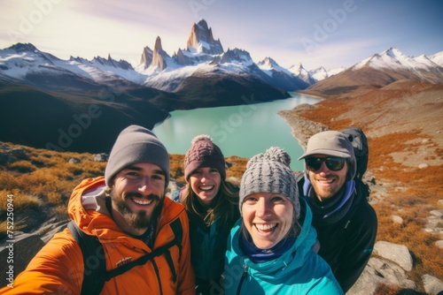 Outdoor Adventure. Friends Taking a Selfie with Stunning Patagonian Landscape in the Background. photo
