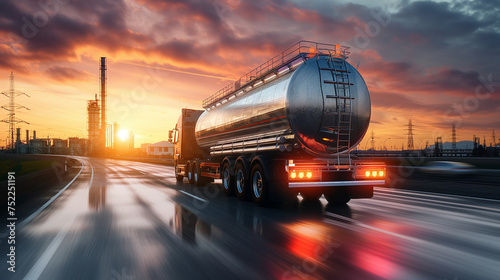 View of metal fuel tanker truck in motion shipping fuel to oil refinery against sunset sky.