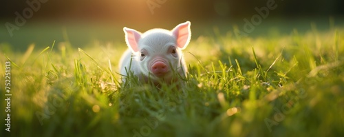 Happy piglets playing on the field, young funny pig on a spring green grass on the farm. Vegan and vegetarian. Organic farming and agriculture, livestock. Animal health and exotic pet concept