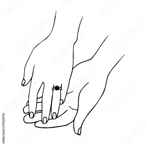 Close-up of a man's hand with the inner part of the palm upwards, from above a woman's hand with a diamond ring on the ring finger. hand drawn linear wedding or engagement