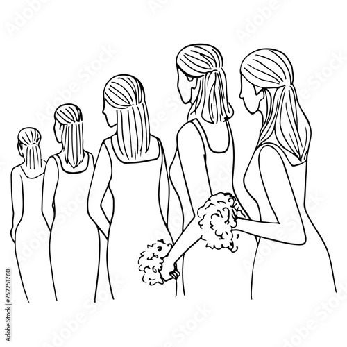 bridesmaids standing in a row looking in one direction with bouquets in their hands - hand drawn linear wedding illustration