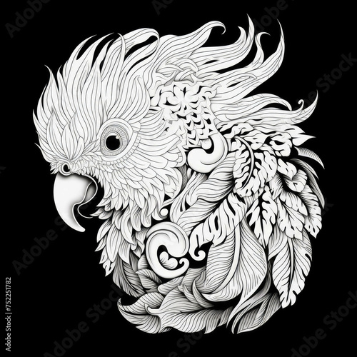 Cockatoo Mandala Style Illustration, black and white