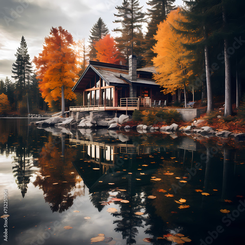 Tranquil lakeside cabin surrounded by autumn foliage