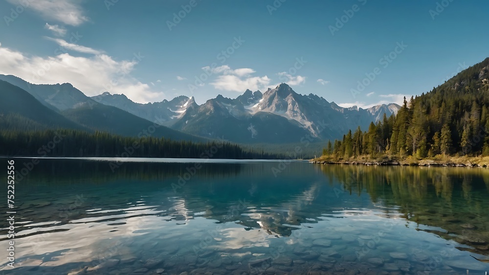 crystal-clear lake, mountain lake reflecting the cloud-streaked sky,towering mountains in the background crystal-clear lake, mountain lake reflecting the cloud-streaked sky,towering mountains in the background