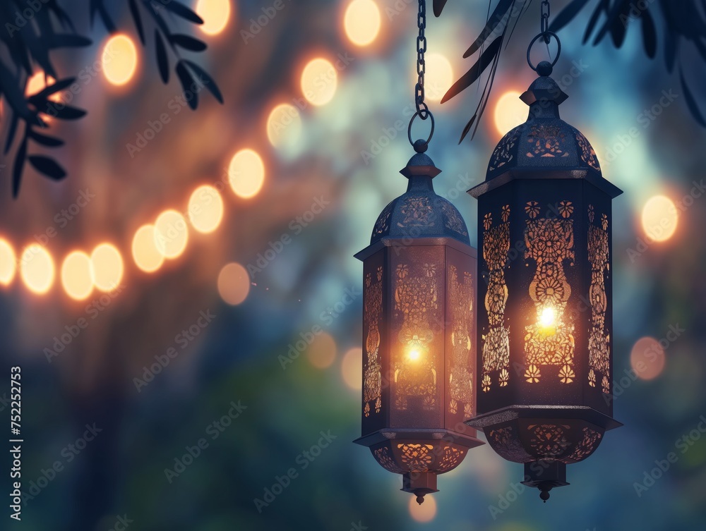 Two ornate lanterns hanging outdoors with a bokeh light background, creating a magical twilight ambiance.