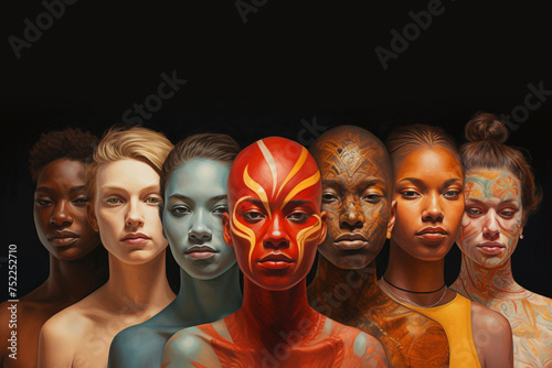 Global diversity of Human Identities concept art, human face paintings, Drawings of different tribes around the world, A group of people representing their traditions and cultures in Different eras