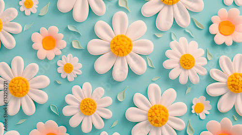 3D Daisy flowers on a pastel blue background. 