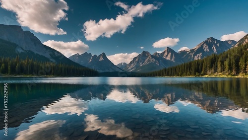 crystal-clear lake  mountain lake reflecting the cloud-streaked sky towering mountains in the background