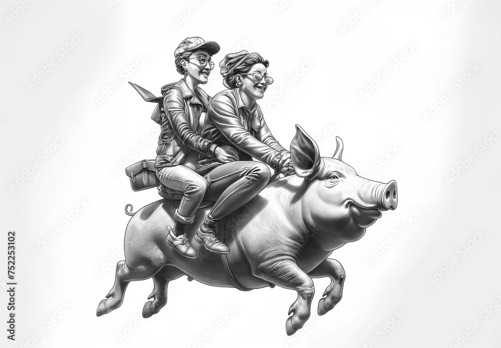 Two Men Riding on the Back of a Pig