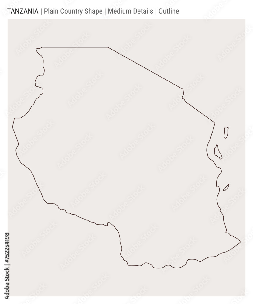 Tanzania plain country map. Medium details. Outline style. Shape of Tanzania. Vector illustration.