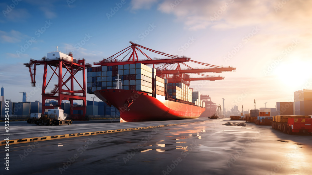 Nighttime cargo ship loading at a bustling harbor with glowing lights, cranes in action, and a vibrant sunset backdrop, showcasing the dynamic industry of maritime transportation