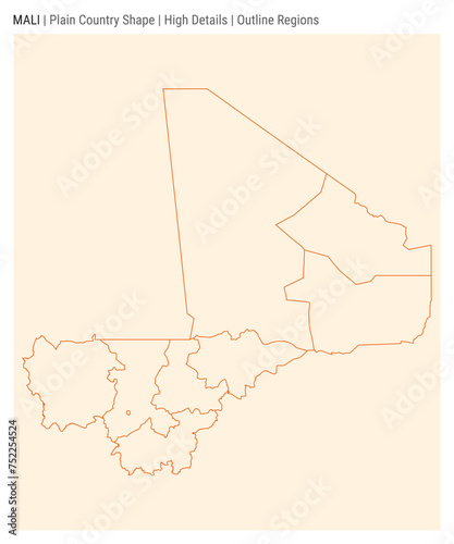Mali plain country map. High details. Outline regions style. Shape of Mali. Vector illustration.