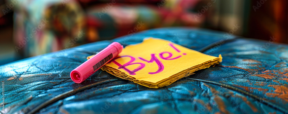 Fototapeta premium Handwritten Bye! farewell message on a yellow sticky note with pink marker, symbolizing parting, goodbyes, end of communication, or leaving