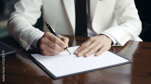 Corporate Agreement: Businessman and Businesswoman Signing Important Contract at Office Desk with Pen, Paper, and Closeup of Handwriting in a Professional Meeting Setting