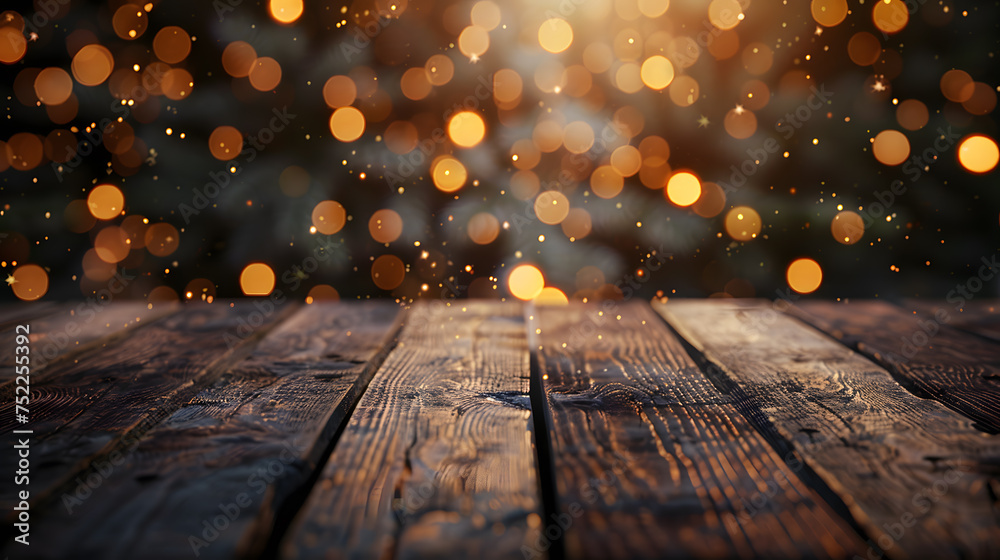 Christmas and New year background with empty dark wooden deck table over , blurred light bokeh. Empty display for product montage , - obrazy, fototapety, plakaty 