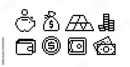 Money icons Pixel Art collection. 8-bit Pixel  Piggy Bank, coin, save box, wallet and cash money icons. Savings money. Accumulate money. Editable vector